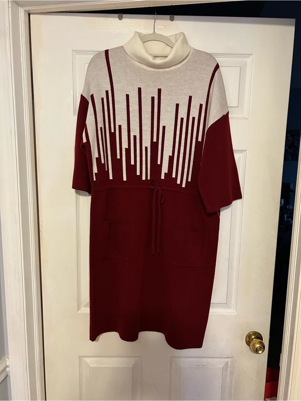 See You Monday Burgundy and Cream Knit Turtleneck Midi Dress